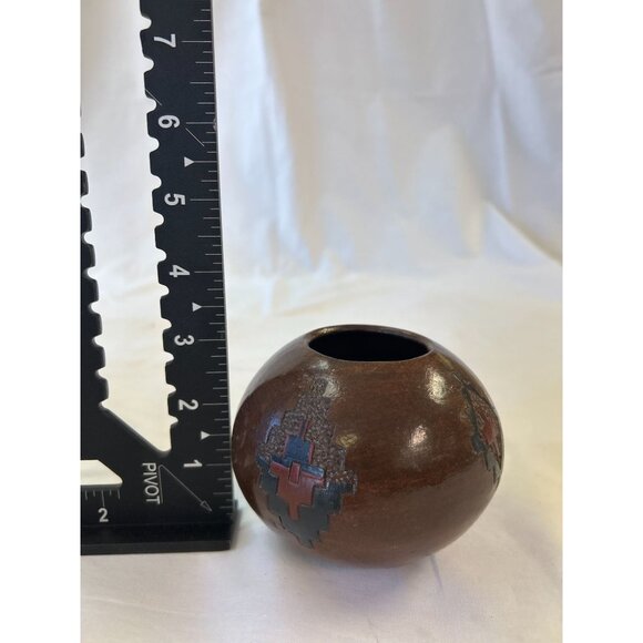 Handcrafted Brown Ceramic Navajo Pottery Vase With Red & Black Geometric Design - Picture 3 of 3